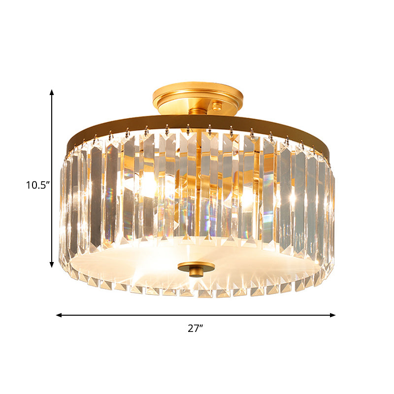 Crystal Drum Flush Mount Simplicity 3 Lights Dining Room Ceiling Lamp in Gold/Silver/Black Clearhalo 'Ceiling Lights' 'Close To Ceiling Lights' 'Close to ceiling' 'Semi-flushmount' Lighting' 258936