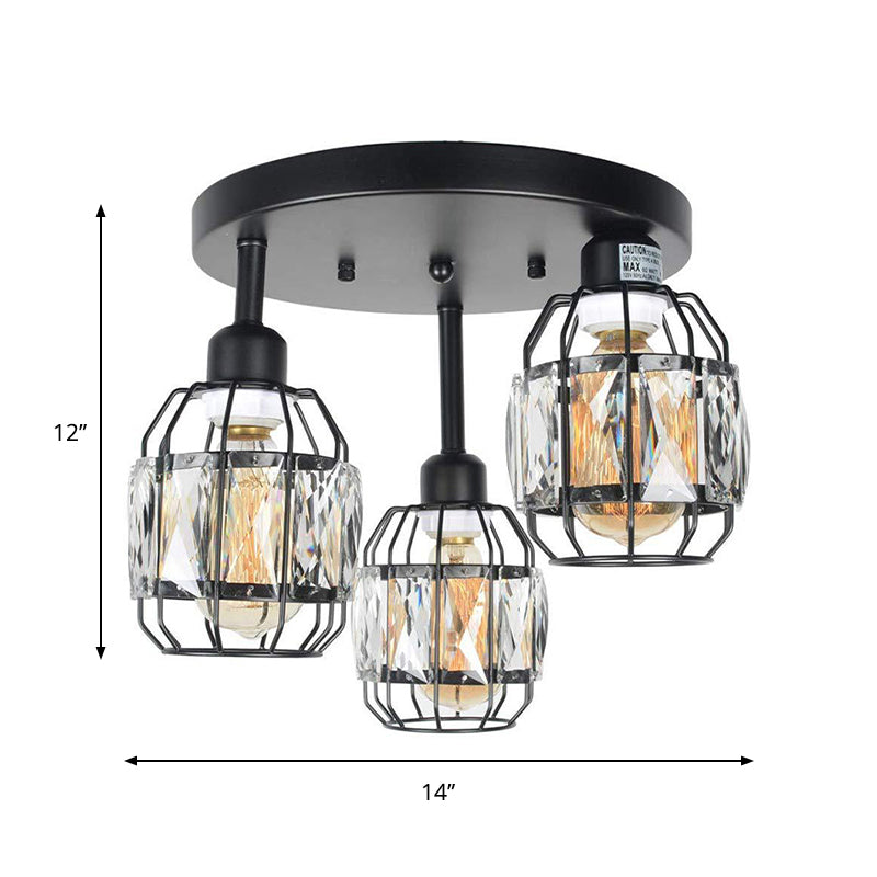 Traditional Cup Shape Flush Ceiling Lamp Iron Frame 3-Light Black Semi Flushmount Lighting with Crystal Accent Clearhalo 'Ceiling Lights' 'Close To Ceiling Lights' 'Close to ceiling' 'Flush mount' Lighting' 258944