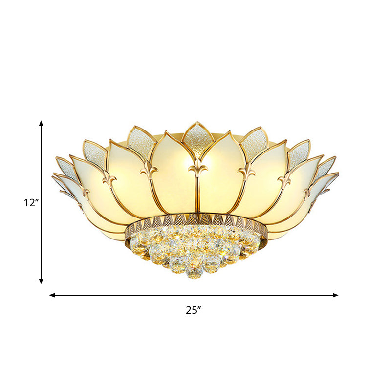 Prismatic Glass Lotus Flush Mount Chinese Style 5 Lights White Ceiling Light Fixture with Crystal Finial Clearhalo 'Ceiling Lights' 'Close To Ceiling Lights' 'Close to ceiling' 'Flush mount' Lighting' 258951