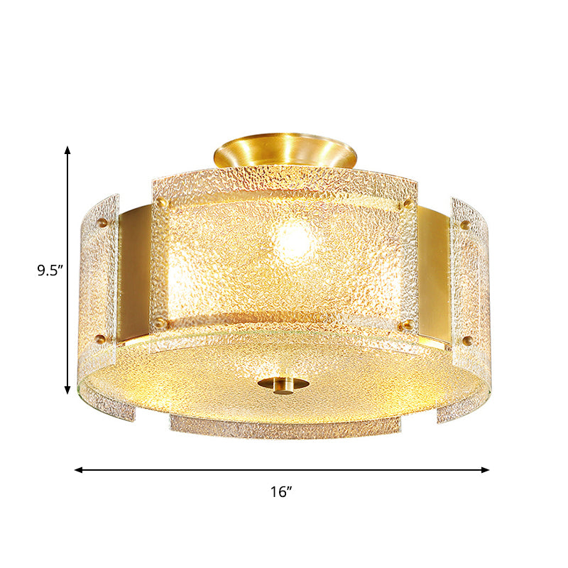 Golden Semi Flush Drum Light Simplicity 4-Light Water Glass Ceiling Mounted Fixture Clearhalo 'Ceiling Lights' 'Close To Ceiling Lights' 'Close to ceiling' 'Semi-flushmount' Lighting' 258953