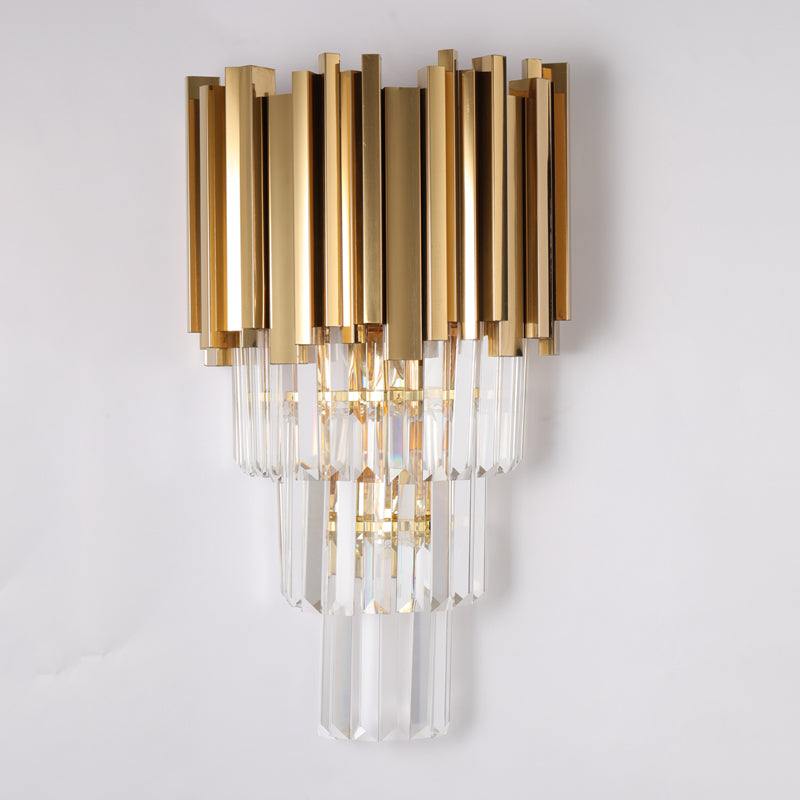 Contemporary Multi Layer Wall Lamp Metal and Crystal Prisms 2/3 Bulbs Wall Mounted Light in Brass Clearhalo 'Modern wall lights' 'Modern' 'Wall Lamps & Sconces' 'Wall Lights' Lighting' 258954