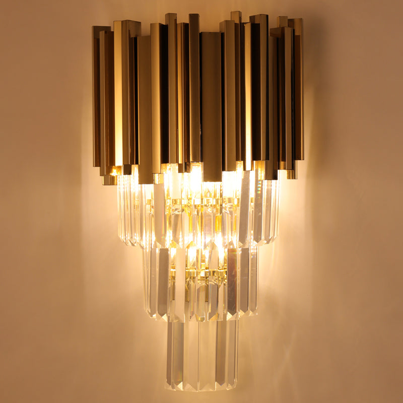 Contemporary Multi Layer Wall Lamp Metal and Crystal Prisms 2/3 Bulbs Wall Mounted Light in Brass Clearhalo 'Modern wall lights' 'Modern' 'Wall Lamps & Sconces' 'Wall Lights' Lighting' 258955