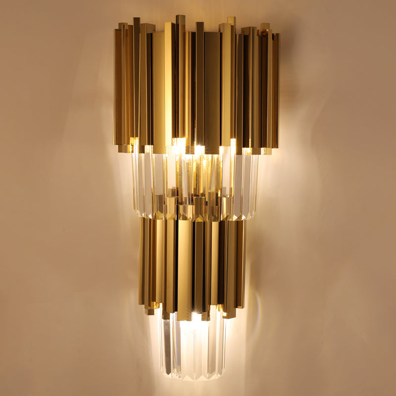 Contemporary Multi Layer Wall Lamp Metal and Crystal Prisms 2/3 Bulbs Wall Mounted Light in Brass 3.0 Brass Clearhalo 'Modern wall lights' 'Modern' 'Wall Lamps & Sconces' 'Wall Lights' Lighting' 258959