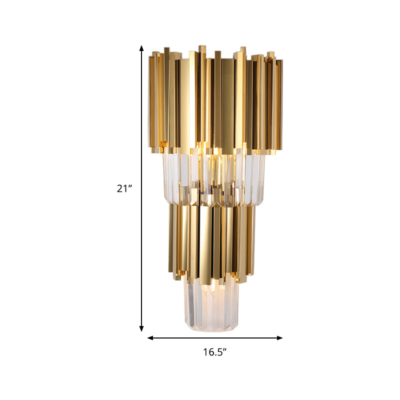 Contemporary Multi Layer Wall Lamp Metal and Crystal Prisms 2/3 Bulbs Wall Mounted Light in Brass Clearhalo 'Modern wall lights' 'Modern' 'Wall Lamps & Sconces' 'Wall Lights' Lighting' 258962