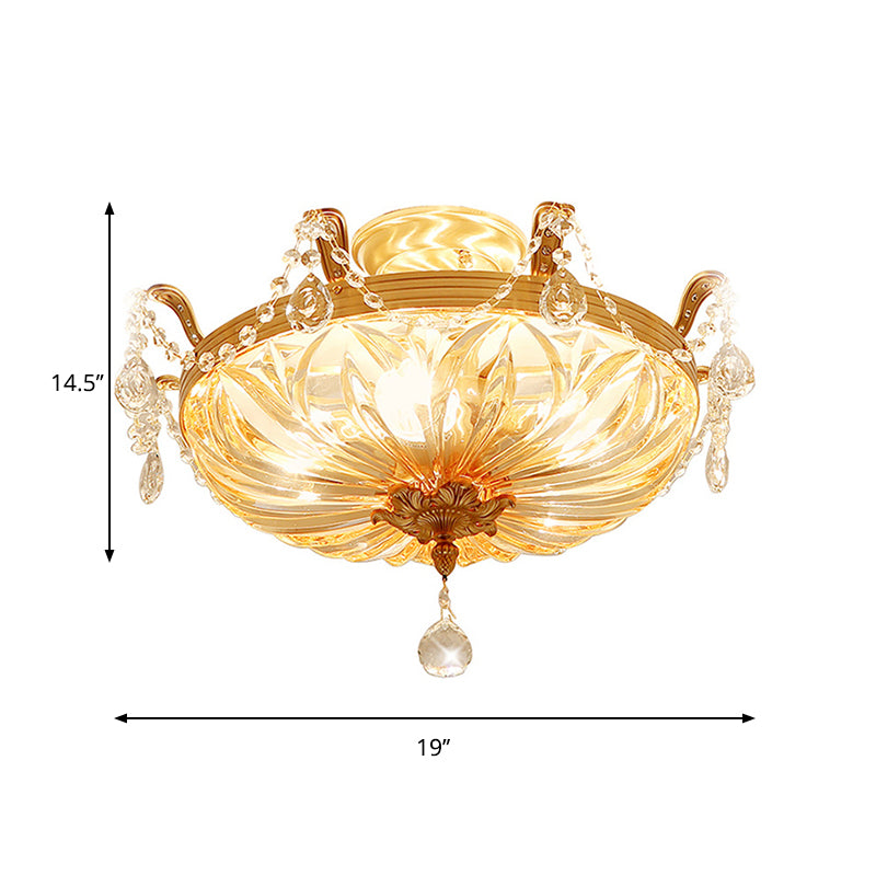 Dome Clear Glass Semi Flush Light Modernist 5 Lights Gold Flush Mount Ceiling Light Fixture with Crystal Draping Clearhalo 'Ceiling Lights' 'Close To Ceiling Lights' 'Close to ceiling' 'Semi-flushmount' Lighting' 258964