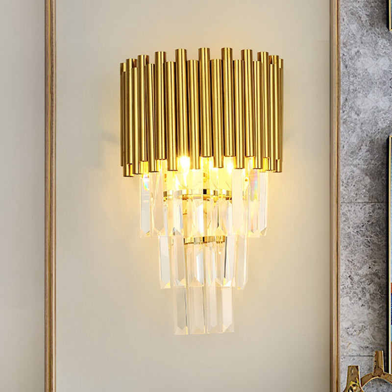 Tapered Wall Mounted Lamp Modern 2 Lights Triangular Crystal Prism Wall Lamp in Gold for Living Room Gold Clearhalo 'Modern wall lights' 'Modern' 'Wall Lamps & Sconces' 'Wall Lights' Lighting' 258965