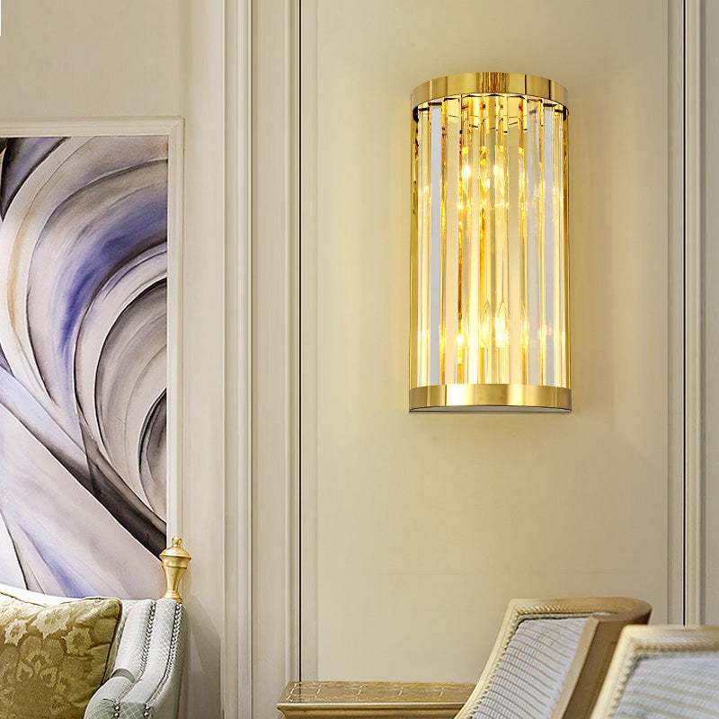 Half Cylinder Wall Mount Lighting Modern 2 Lights Gold Wall Light Fixture Clear Crystal Shade Gold Clearhalo 'Modern wall lights' 'Modern' 'Wall Lamps & Sconces' 'Wall Lights' Lighting' 258972