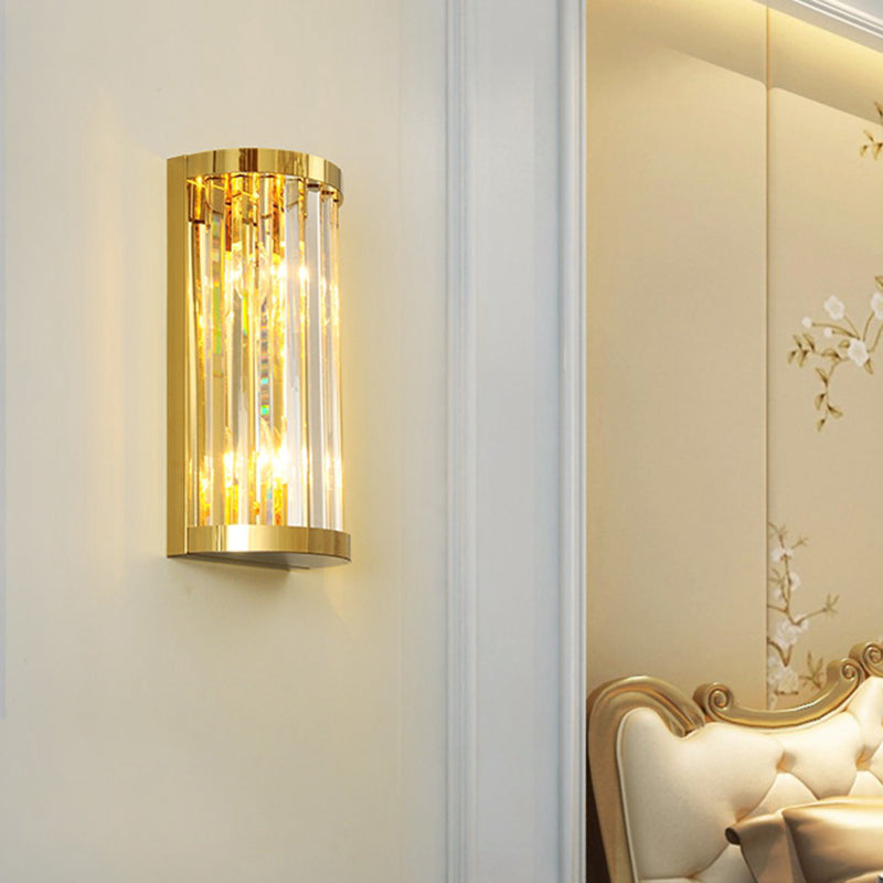 Half Cylinder Wall Mount Lighting Modern 2 Lights Gold Wall Light Fixture Clear Crystal Shade Clearhalo 'Modern wall lights' 'Modern' 'Wall Lamps & Sconces' 'Wall Lights' Lighting' 258973