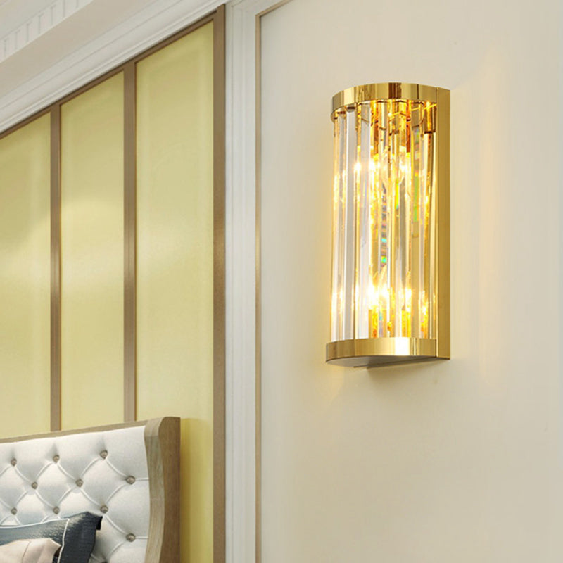 Half Cylinder Wall Mount Lighting Modern 2 Lights Gold Wall Light Fixture Clear Crystal Shade Clearhalo 'Modern wall lights' 'Modern' 'Wall Lamps & Sconces' 'Wall Lights' Lighting' 258974