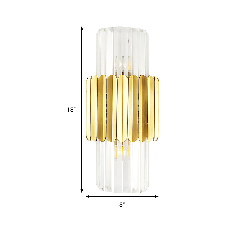 Modern Cylinder Wall Mount Lamp Clear Crystal 2 Heads Bedroom Wall Lighting Fixture in Gold Clearhalo 'Modern wall lights' 'Modern' 'Wall Lamps & Sconces' 'Wall Lights' Lighting' 259003