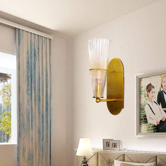 Indoor Cone Wall Lighting Clear Ribbed Glass Single Light Mid Century Modern Sconce Lighting in Brass Brass Clearhalo 'Cast Iron' 'Glass' 'Industrial' 'Modern wall lights' 'Modern' 'Tiffany' 'Traditional wall lights' 'Wall Lamps & Sconces' 'Wall Lights' Lighting' 259042