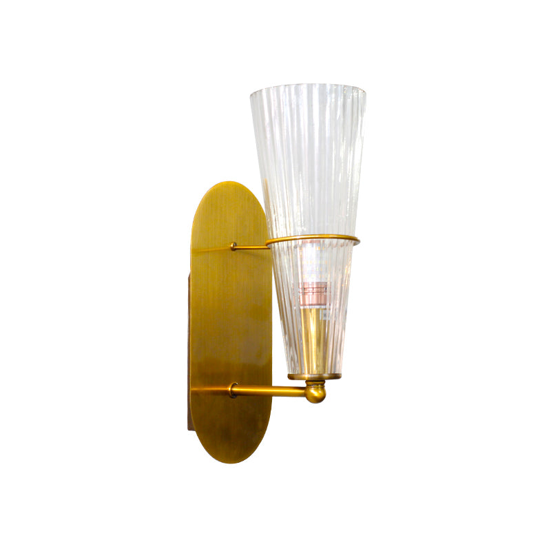 Indoor Cone Wall Lighting Clear Ribbed Glass Single Light Mid Century Modern Sconce Lighting in Brass Clearhalo 'Cast Iron' 'Glass' 'Industrial' 'Modern wall lights' 'Modern' 'Tiffany' 'Traditional wall lights' 'Wall Lamps & Sconces' 'Wall Lights' Lighting' 259046