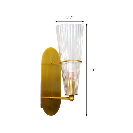 Indoor Cone Wall Lighting Clear Ribbed Glass Single Light Mid Century Modern Sconce Lighting in Brass Clearhalo 'Cast Iron' 'Glass' 'Industrial' 'Modern wall lights' 'Modern' 'Tiffany' 'Traditional wall lights' 'Wall Lamps & Sconces' 'Wall Lights' Lighting' 259047