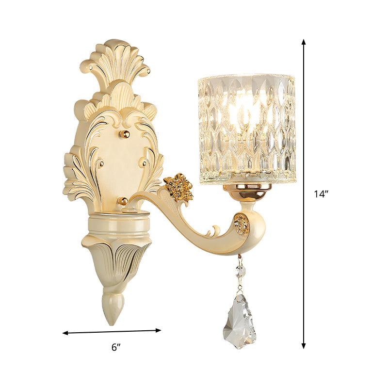 Honeycomb Pattern Glass Wall Light with Clear Cylinder Shade Vintage 1/2 Lights Wall Mount Lamp in Beige Clearhalo 'Modern wall lights' 'Modern' 'Wall Lamps & Sconces' 'Wall Lights' Lighting' 259101