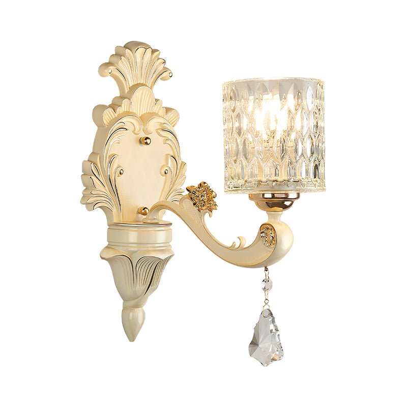 Honeycomb Pattern Glass Wall Light with Clear Cylinder Shade Vintage 1/2 Lights Wall Mount Lamp in Beige Clearhalo 'Modern wall lights' 'Modern' 'Wall Lamps & Sconces' 'Wall Lights' Lighting' 259102