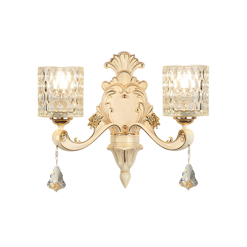 Honeycomb Pattern Glass Wall Light with Clear Cylinder Shade Vintage 1/2 Lights Wall Mount Lamp in Beige Clearhalo 'Modern wall lights' 'Modern' 'Wall Lamps & Sconces' 'Wall Lights' Lighting' 259106