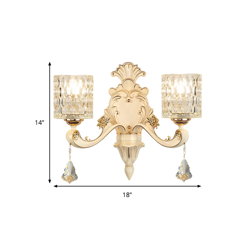 Honeycomb Pattern Glass Wall Light with Clear Cylinder Shade Vintage 1/2 Lights Wall Mount Lamp in Beige Clearhalo 'Modern wall lights' 'Modern' 'Wall Lamps & Sconces' 'Wall Lights' Lighting' 259107