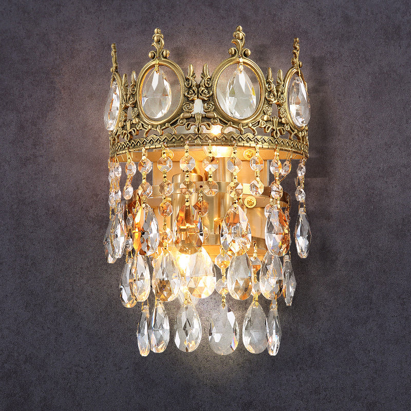 Traditional Round Wall Mounted Lighting with Clear Crystal Prisms 2 Bulbs Wall Light Fixture in Aged Brass Clearhalo 'Modern wall lights' 'Modern' 'Wall Lamps & Sconces' 'Wall Lights' Lighting' 259116