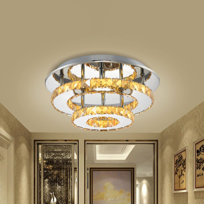 Modernist Round Semi Flush Light Crystal 2 Tier Clear/Amber Ceiling Flush Mount in Neutral/Warm/White/3 Color for Foyer Amber Clearhalo 'Ceiling Lights' 'Close To Ceiling Lights' 'Close to ceiling' 'Flush mount' Lighting' 259170