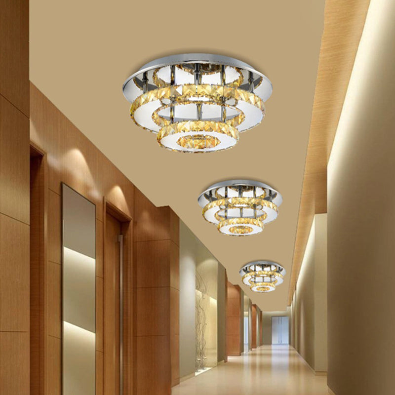 Modernist Round Semi Flush Light Crystal 2 Tier Clear/Amber Ceiling Flush Mount in Neutral/Warm/White/3 Color for Foyer Clearhalo 'Ceiling Lights' 'Close To Ceiling Lights' 'Close to ceiling' 'Flush mount' Lighting' 259171