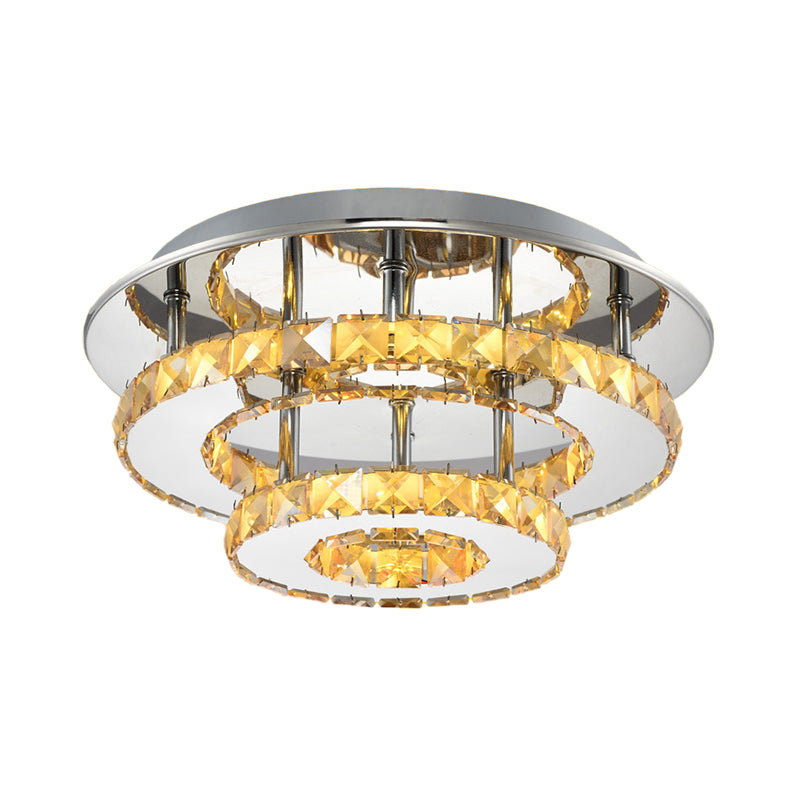 Modernist Round Semi Flush Light Crystal 2 Tier Clear/Amber Ceiling Flush Mount in Neutral/Warm/White/3 Color for Foyer Clearhalo 'Ceiling Lights' 'Close To Ceiling Lights' 'Close to ceiling' 'Flush mount' Lighting' 259172