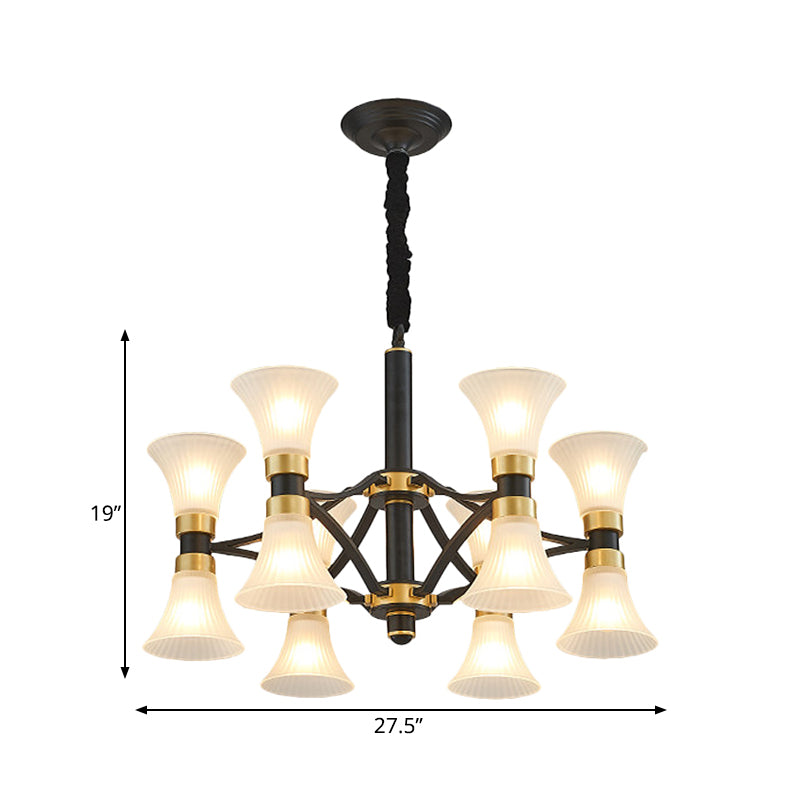 White Ribbed Glass Flared Suspension Pendant 6/12/16 Lights Modern Black and Gold Ceiling Chandelier Clearhalo 'Ceiling Lights' 'Chandeliers' 'Close To Ceiling Lights' 'Glass shade' 'Glass' Lighting' 259205