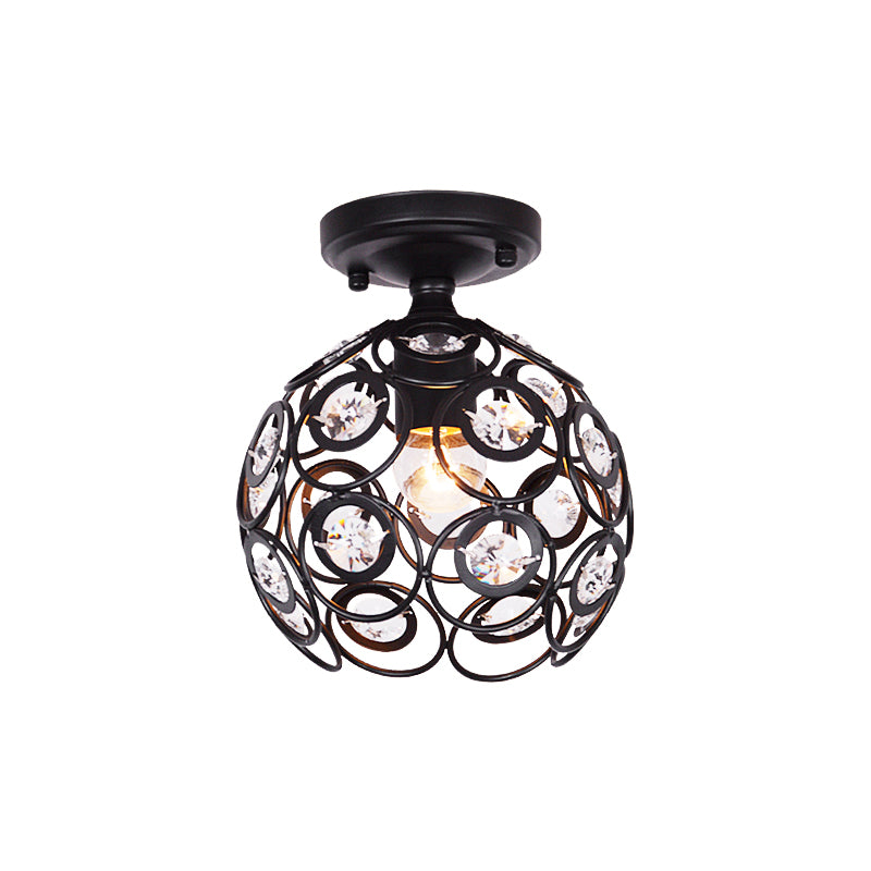 Metal Globe Cage Semi-Flush Mount with Crystal Decoration Contemporary 1 Bulb Semi Flush Ceiling Light in Black Clearhalo 'Ceiling Lights' 'Close To Ceiling Lights' 'Close to ceiling' 'Semi-flushmount' Lighting' 259227