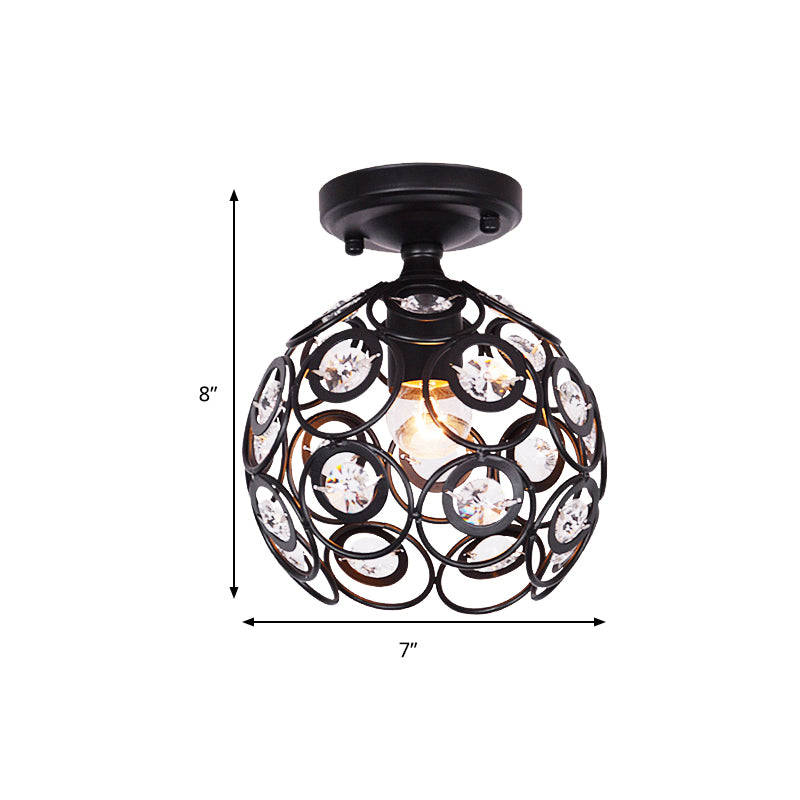 Metal Globe Cage Semi-Flush Mount with Crystal Decoration Contemporary 1 Bulb Semi Flush Ceiling Light in Black Clearhalo 'Ceiling Lights' 'Close To Ceiling Lights' 'Close to ceiling' 'Semi-flushmount' Lighting' 259228