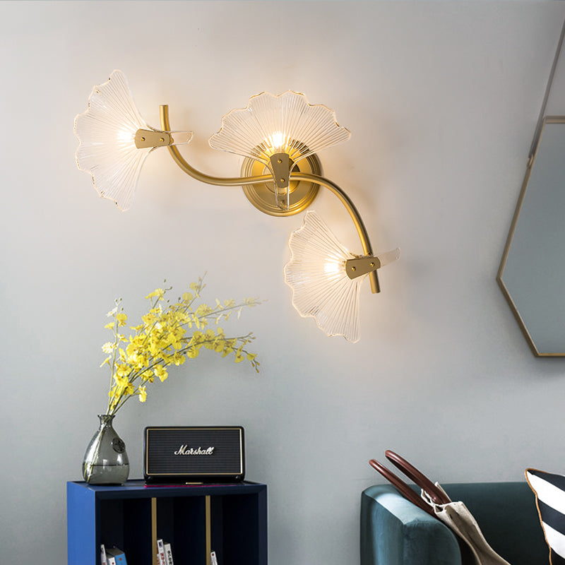 Ginkgo Leaves Wall Light Modern Decorative 1/3 Lights Clear Glass Wall Sconce Lighting in Brass Clearhalo 'Cast Iron' 'Glass' 'Industrial' 'Modern wall lights' 'Modern' 'Tiffany' 'Traditional wall lights' 'Wall Lamps & Sconces' 'Wall Lights' Lighting' 259244