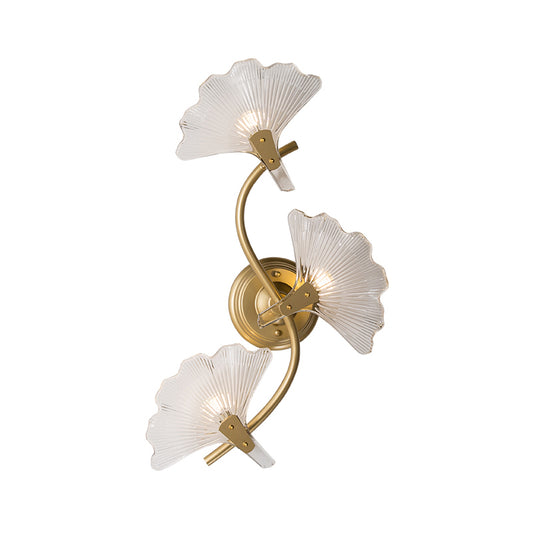 Ginkgo Leaves Wall Light Modern Decorative 1/3 Lights Clear Glass Wall Sconce Lighting in Brass Clearhalo 'Cast Iron' 'Glass' 'Industrial' 'Modern wall lights' 'Modern' 'Tiffany' 'Traditional wall lights' 'Wall Lamps & Sconces' 'Wall Lights' Lighting' 259246