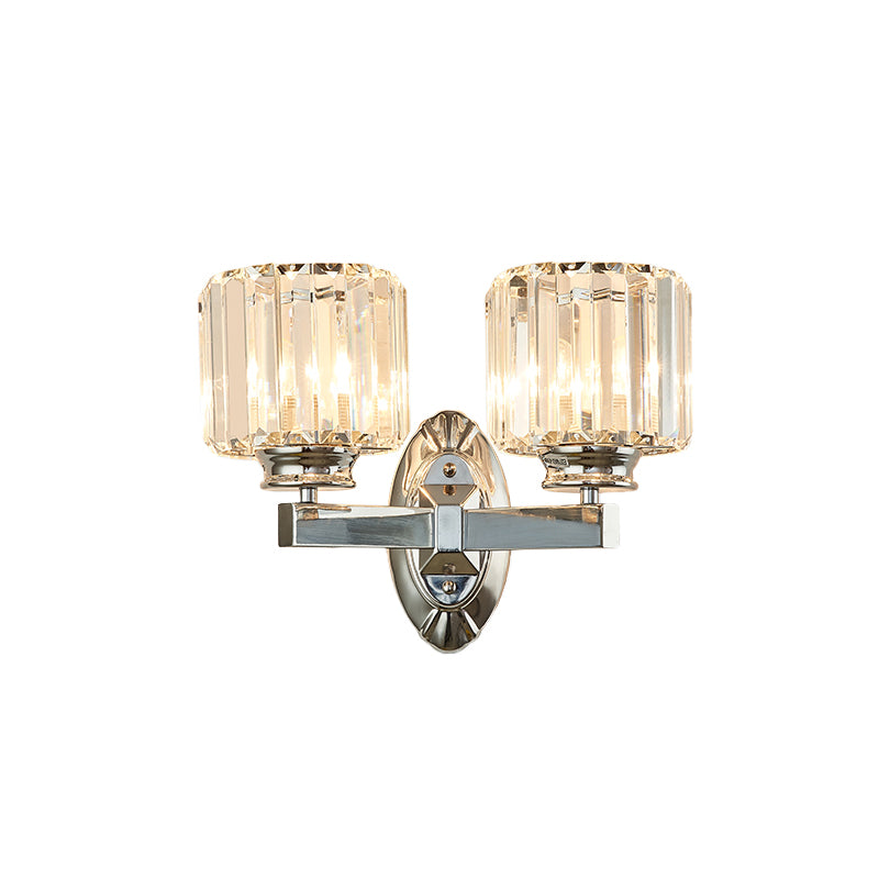 2 Bulbs Cylindrical Wall Light Sconce with Clear Crystal Vintage Chrome Finish Wall Mounted Lighting Clearhalo 'Modern wall lights' 'Modern' 'Wall Lamps & Sconces' 'Wall Lights' Lighting' 259259