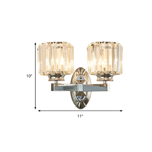 2 Bulbs Cylindrical Wall Light Sconce with Clear Crystal Vintage Chrome Finish Wall Mounted Lighting Clearhalo 'Modern wall lights' 'Modern' 'Wall Lamps & Sconces' 'Wall Lights' Lighting' 259260