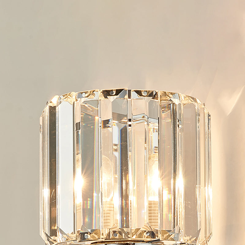 2 Bulbs Cylindrical Wall Light Sconce with Clear Crystal Vintage Chrome Finish Wall Mounted Lighting Clearhalo 'Modern wall lights' 'Modern' 'Wall Lamps & Sconces' 'Wall Lights' Lighting' 259261