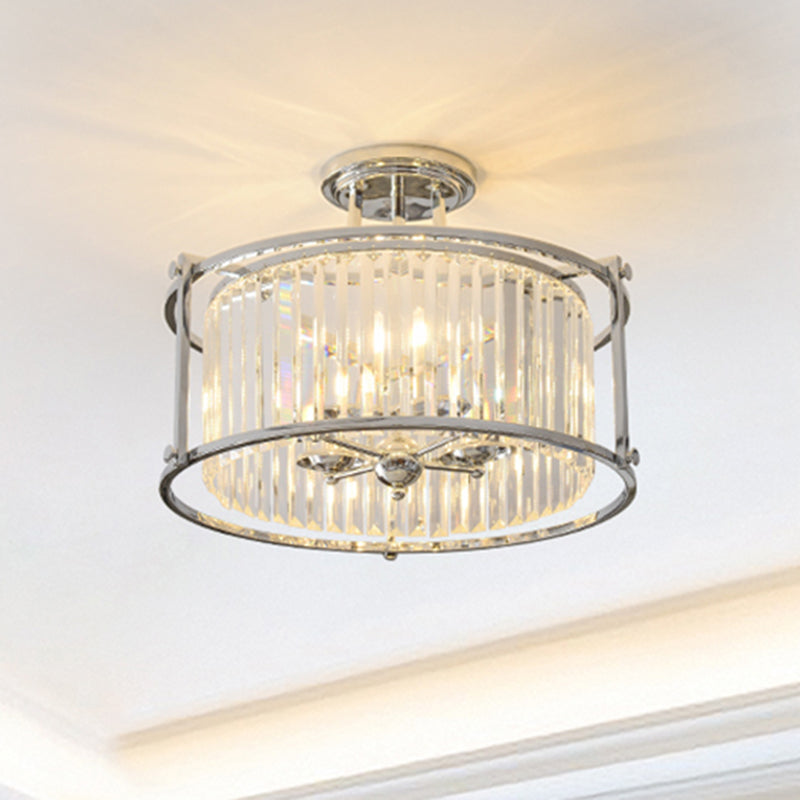 Metal Frame Drum Semi Flush Mount Vintage 4 Lights Ceiling Light with Crystal Prism in Chrome Finish Chrome Clearhalo 'Ceiling Lights' 'Close To Ceiling Lights' 'Close to ceiling' 'Semi-flushmount' Lighting' 259262