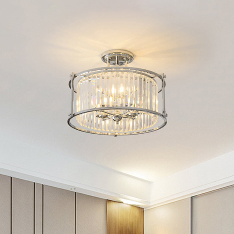 Metal Frame Drum Semi Flush Mount Vintage 4 Lights Ceiling Light with Crystal Prism in Chrome Finish Clearhalo 'Ceiling Lights' 'Close To Ceiling Lights' 'Close to ceiling' 'Semi-flushmount' Lighting' 259263