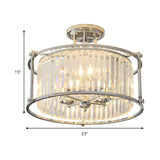 Metal Frame Drum Semi Flush Mount Vintage 4 Lights Ceiling Light with Crystal Prism in Chrome Finish Clearhalo 'Ceiling Lights' 'Close To Ceiling Lights' 'Close to ceiling' 'Semi-flushmount' Lighting' 259265