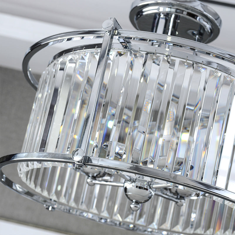 Metal Frame Drum Semi Flush Mount Vintage 4 Lights Ceiling Light with Crystal Prism in Chrome Finish Clearhalo 'Ceiling Lights' 'Close To Ceiling Lights' 'Close to ceiling' 'Semi-flushmount' Lighting' 259266