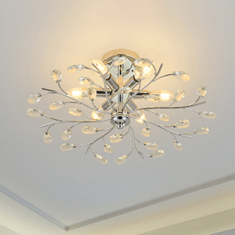 Branch Semi Flush Chandelier Modern Metal and Crystal 6 Heads Semi Flush Light in Chrome Chrome Clearhalo 'Ceiling Lights' 'Close To Ceiling Lights' 'Close to ceiling' 'Semi-flushmount' Lighting' 259267