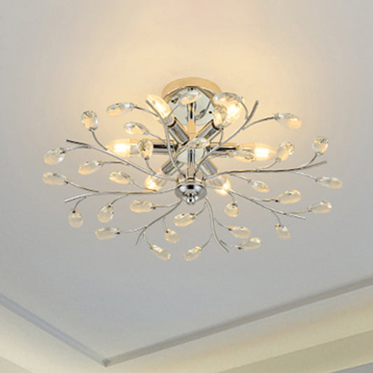 Branch Semi Flush Chandelier Modern Metal and Crystal 6 Heads Semi Flush Light in Chrome Chrome Clearhalo 'Ceiling Lights' 'Close To Ceiling Lights' 'Close to ceiling' 'Semi-flushmount' Lighting' 259267