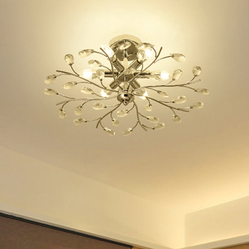 Branch Semi Flush Chandelier Modern Metal and Crystal 6 Heads Semi Flush Light in Chrome Clearhalo 'Ceiling Lights' 'Close To Ceiling Lights' 'Close to ceiling' 'Semi-flushmount' Lighting' 259268