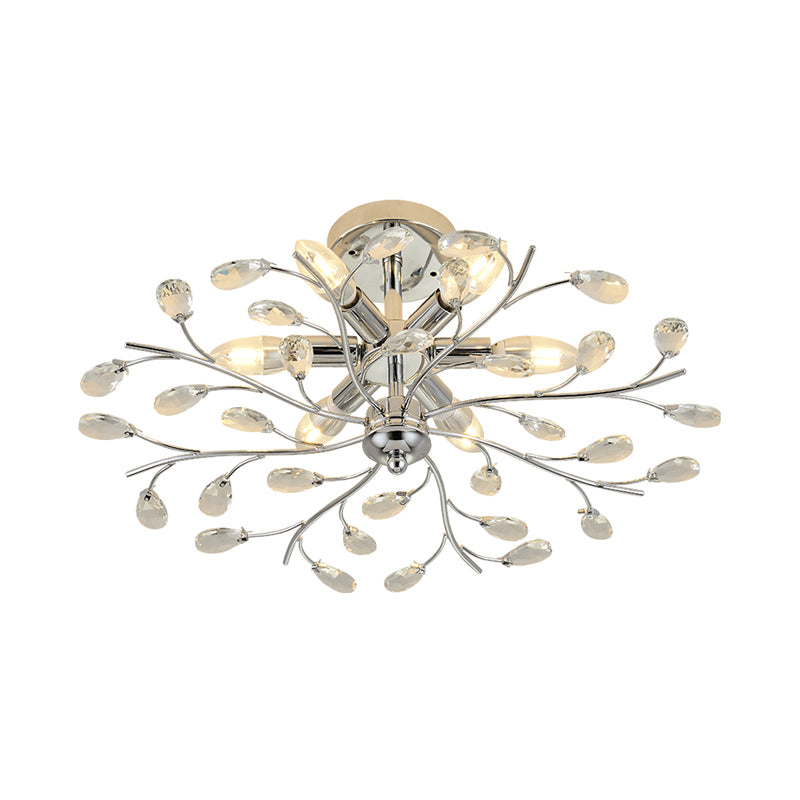 Branch Semi Flush Chandelier Modern Metal and Crystal 6 Heads Semi Flush Light in Chrome Clearhalo 'Ceiling Lights' 'Close To Ceiling Lights' 'Close to ceiling' 'Semi-flushmount' Lighting' 259269