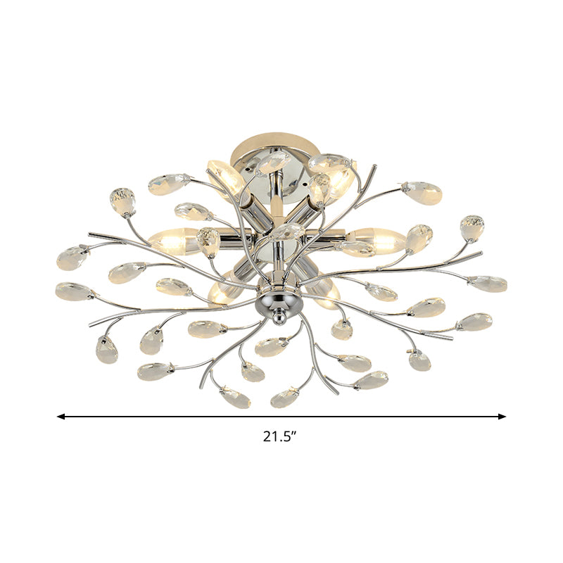 Branch Semi Flush Chandelier Modern Metal and Crystal 6 Heads Semi Flush Light in Chrome Clearhalo 'Ceiling Lights' 'Close To Ceiling Lights' 'Close to ceiling' 'Semi-flushmount' Lighting' 259270