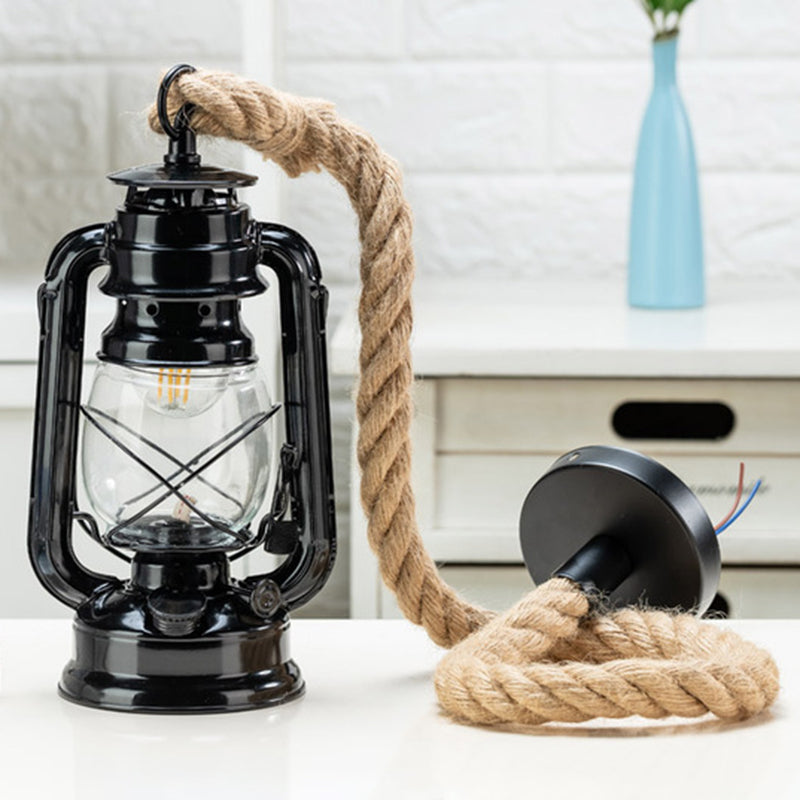 Transparent Glass Kerosene Lantern Ceiling Lamp Nautical 1 Head Bedside Pendant with Hemp Rope Black Clearhalo 'Art Deco Pendants' 'Black' 'Cast Iron' 'Ceiling Lights' 'Ceramic' 'Crystal' 'Industrial Pendants' 'Industrial' 'Metal' 'Middle Century Pendants' 'Pendant Lights' 'Pendants' 'Rustic Pendants' 'Tiffany' Lighting' 2592826