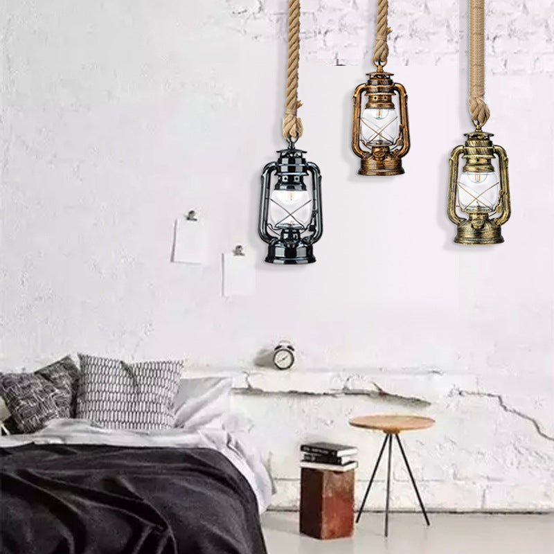 Transparent Glass Kerosene Lantern Ceiling Lamp Nautical 1 Head Bedside Pendant with Hemp Rope Clearhalo 'Art Deco Pendants' 'Black' 'Cast Iron' 'Ceiling Lights' 'Ceramic' 'Crystal' 'Industrial Pendants' 'Industrial' 'Metal' 'Middle Century Pendants' 'Pendant Lights' 'Pendants' 'Rustic Pendants' 'Tiffany' Lighting' 2592827