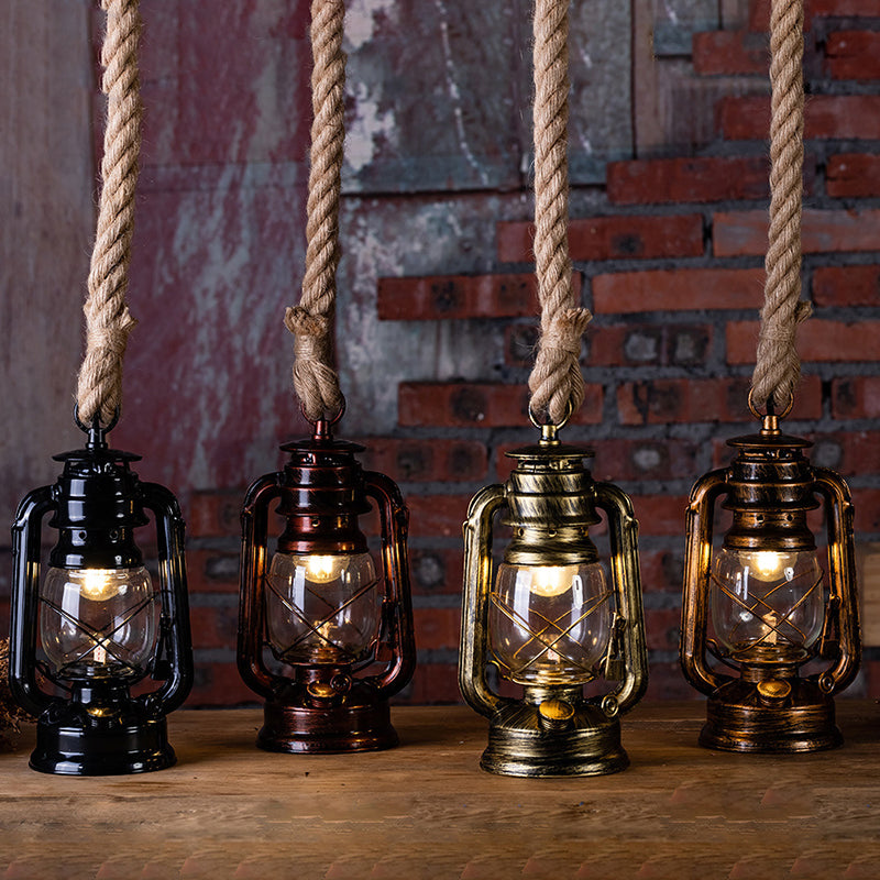 Transparent Glass Kerosene Lantern Ceiling Lamp Nautical 1 Head Bedside Pendant with Hemp Rope Clearhalo 'Art Deco Pendants' 'Black' 'Cast Iron' 'Ceiling Lights' 'Ceramic' 'Crystal' 'Industrial Pendants' 'Industrial' 'Metal' 'Middle Century Pendants' 'Pendant Lights' 'Pendants' 'Rustic Pendants' 'Tiffany' Lighting' 2592829