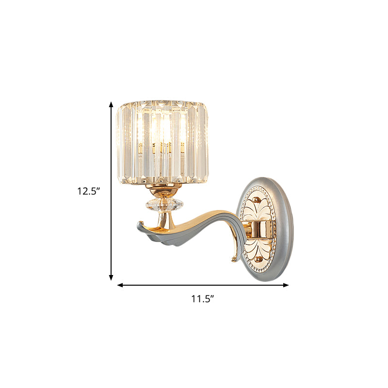 1/2 Lights Cylinder Sconce Light with Clear Crystal Shade Modern Flush Mount Wall Sconce in Silver Finish Clearhalo 'Modern wall lights' 'Modern' 'Wall Lamps & Sconces' 'Wall Lights' Lighting' 259322