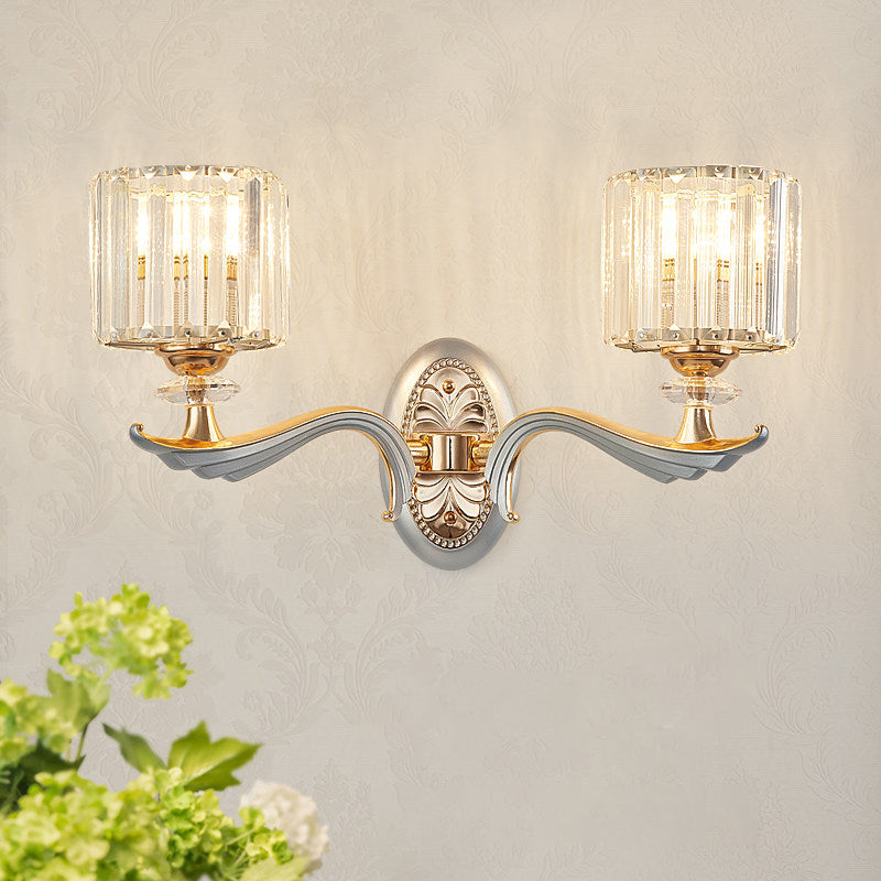 1/2 Lights Cylinder Sconce Light with Clear Crystal Shade Modern Flush Mount Wall Sconce in Silver Finish Clearhalo 'Modern wall lights' 'Modern' 'Wall Lamps & Sconces' 'Wall Lights' Lighting' 259324