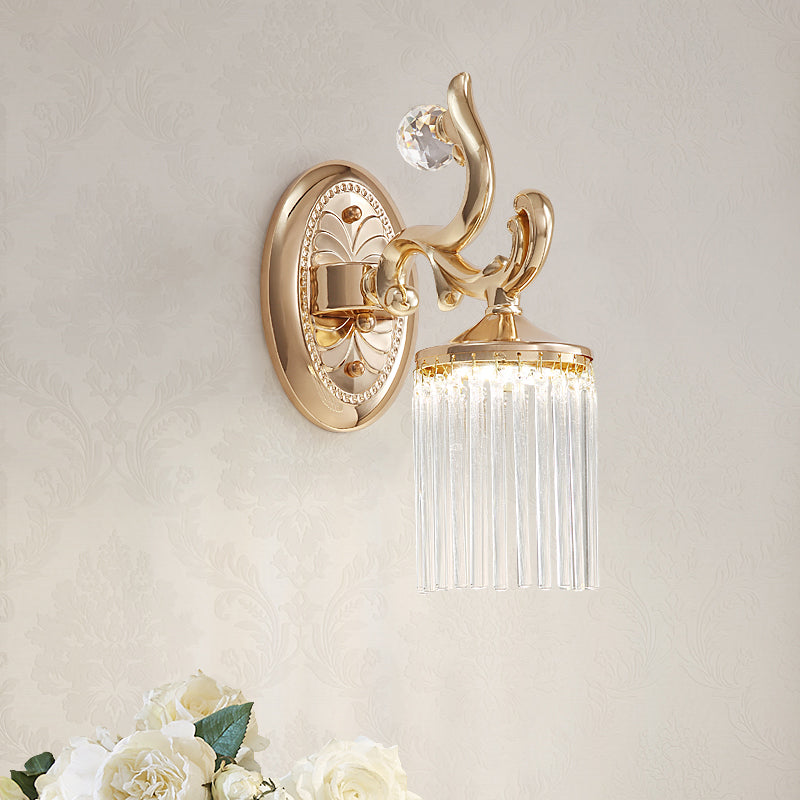 Clear Pipe Crystal Wall Lighting Vintage 1/2 Bulbs Wall Mounted Light Fixture with Curved Arm in Gold Finish 1.0 Gold Clearhalo 'Modern wall lights' 'Modern' 'Wall Lamps & Sconces' 'Wall Lights' Lighting' 259329