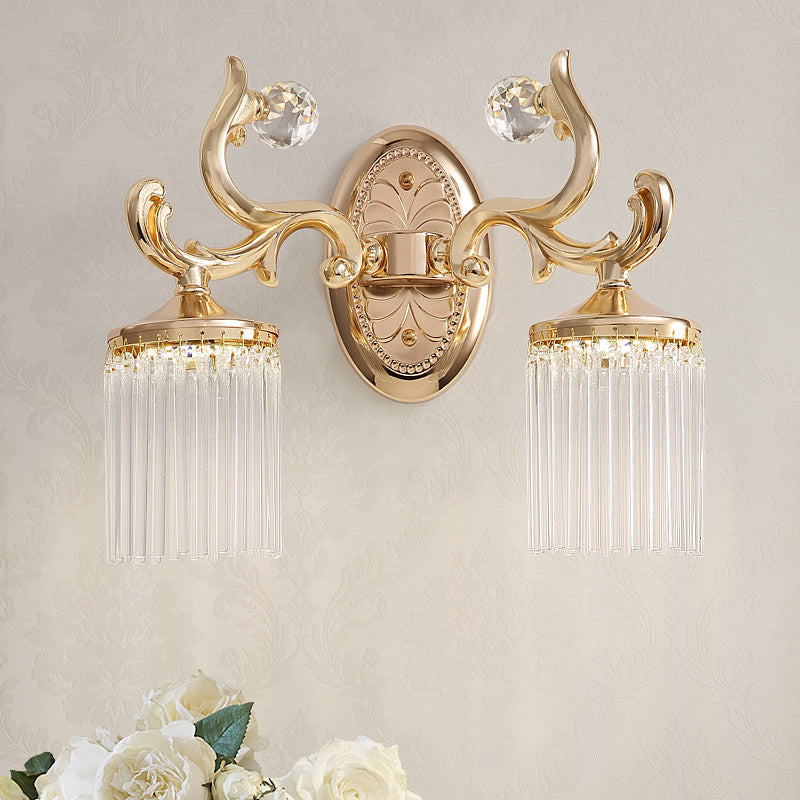 Clear Pipe Crystal Wall Lighting Vintage 1/2 Bulbs Wall Mounted Light Fixture with Curved Arm in Gold Finish 2.0 Gold Clearhalo 'Modern wall lights' 'Modern' 'Wall Lamps & Sconces' 'Wall Lights' Lighting' 259333