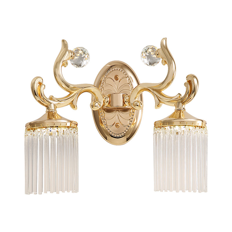 Clear Pipe Crystal Wall Lighting Vintage 1/2 Bulbs Wall Mounted Light Fixture with Curved Arm in Gold Finish Clearhalo 'Modern wall lights' 'Modern' 'Wall Lamps & Sconces' 'Wall Lights' Lighting' 259335